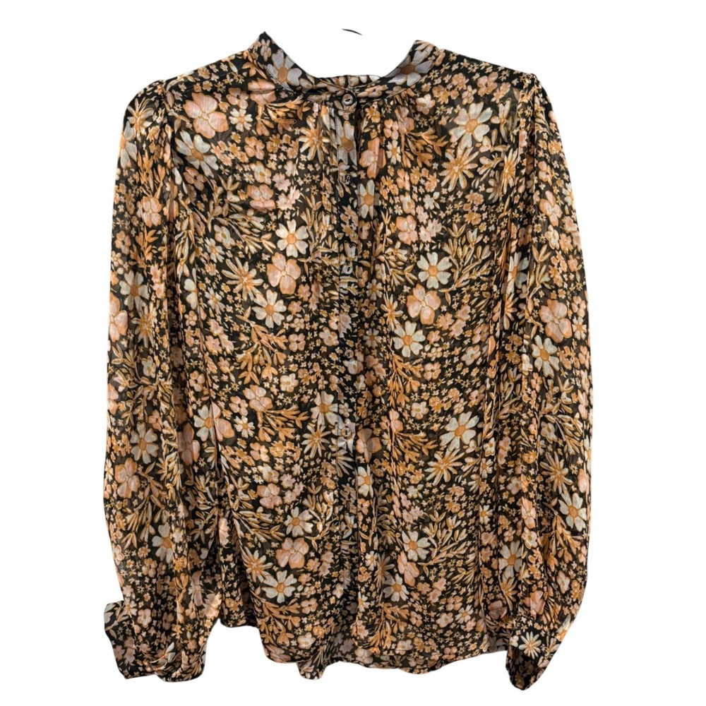 Mango MNG Womens Floral Semi Sheer Long Sleeve Mock Neck Blouse Orange Black 8